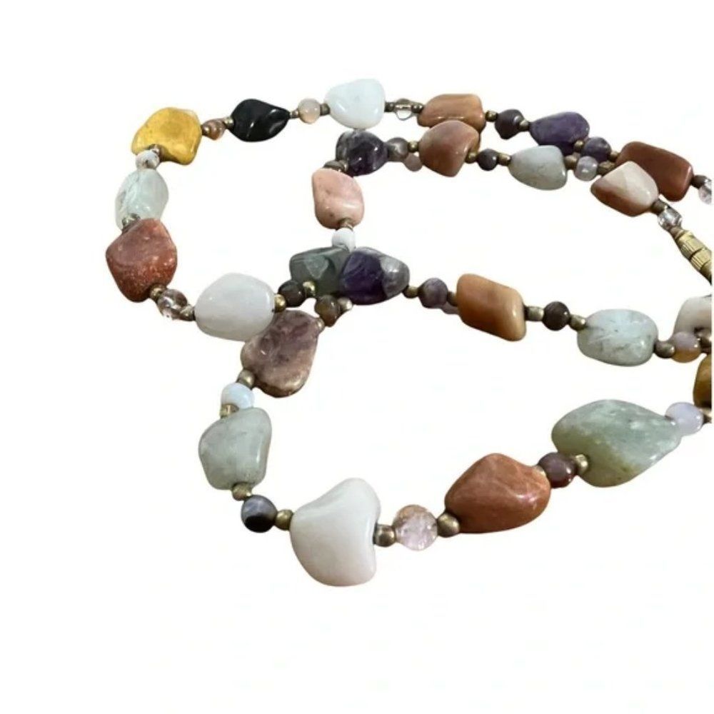 Colorful Stone Layering Necklace With Beads Between Stones Mystery Closure Clasp - Picture 12 of 13